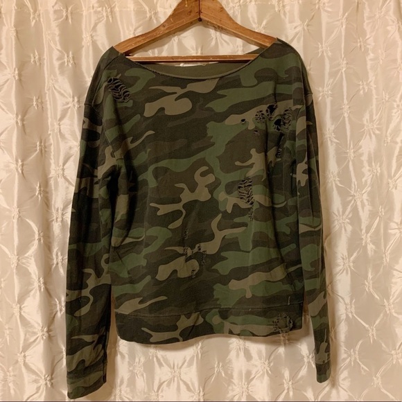 Rev by Revelation Distressed Green Camo French Terry Pullover Sweatshirt - Picture 1 of 10